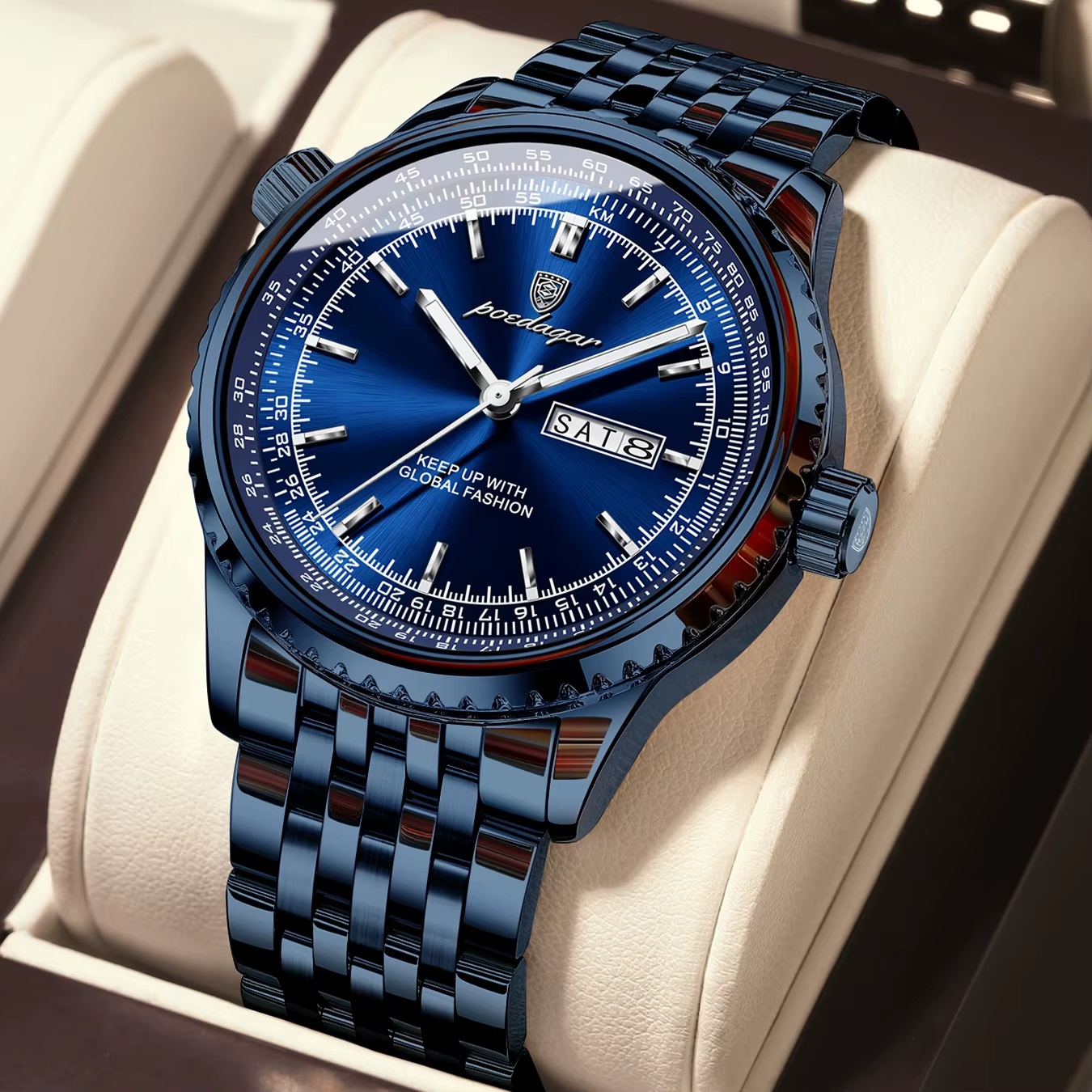 Sportos stílusú nemesacél vízálló karóra kék számlappal kék szíjjal 01